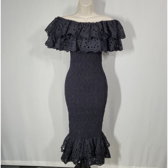 Charo Ruiz Black Shirred Embroidered Off the Shoulder Long Dress Luisa Small - Picture 1 of 9